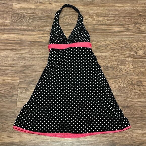 Rampage Halter Polkadot Dress Black and White With Pink Sewn On Sash And Hem Med - Picture 7 of 11